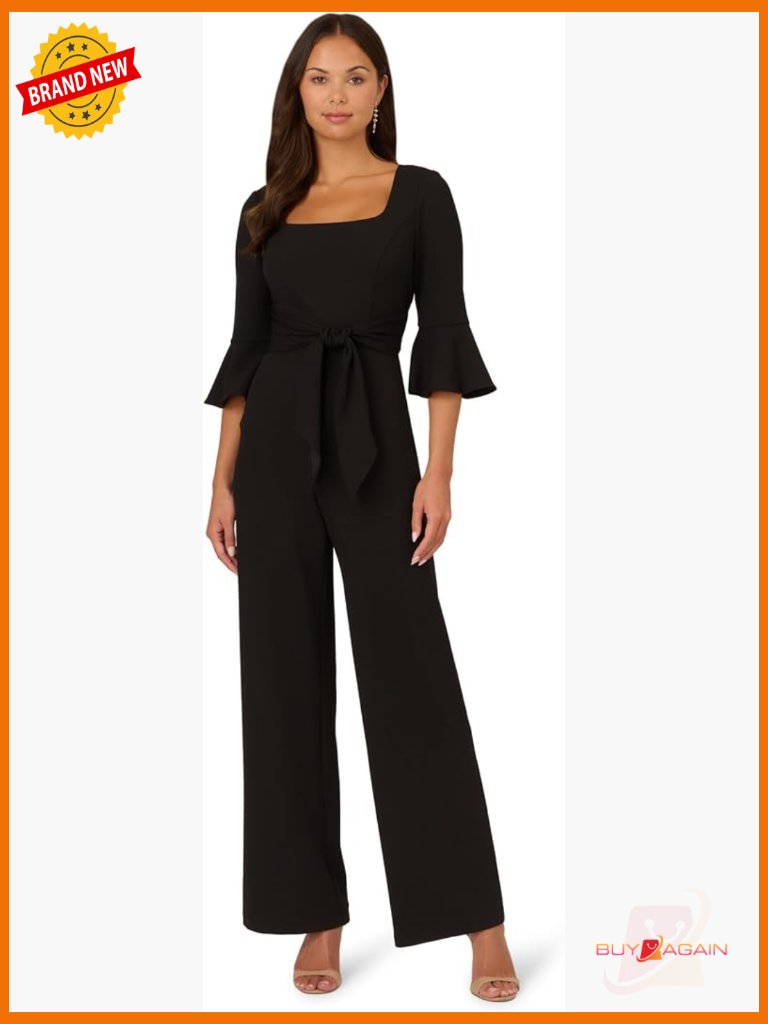 Adrianna Papell Knit Crepe Tie Front Jumpsuit Bell Sleeves Wide Leg Maxi